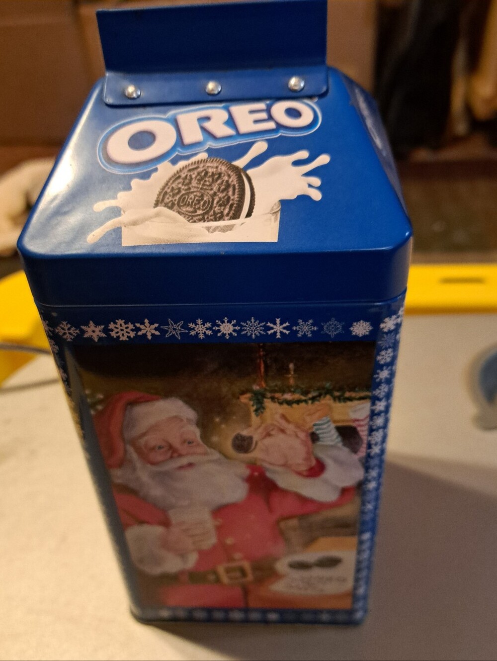 Oreo Blue Holiday Cookie Tin with Santa Illustration Vintage